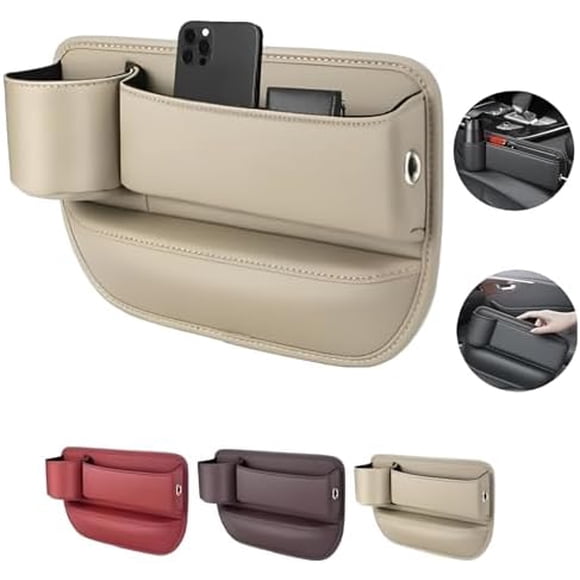 Car Leather Cup Holder 𝐆á𝐩 Bag, Seat 𝐆á𝐩 Storage Box, Leather Car Seat Storage Box with Water Cup Holder, Adjustable Car Seat Storage Box for Phones Glasses Keys Cards (Beige) Beige Beige