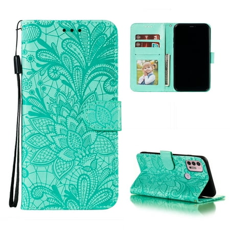 For Motorola Moto G30 Lace Flower Embossing Pattern Horizontal Flip Leather Case with Holder & & &