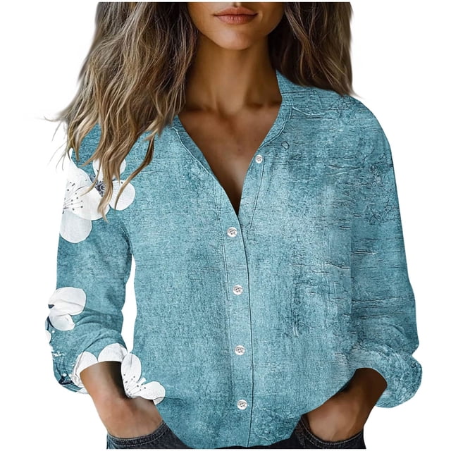 Blusas para las Mujeres Casual Verano Cuello en V Suelto Manga Larga Suave Transpirable Blusa de Lino para la Oficina Uso Diario Camisa Denim Vestido Mujeres