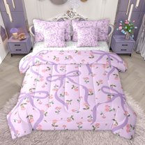 Homewish Bowknot Flower Floral 7 Pieces Bedding Comforter Set,Cartoon Bowtie Print Full Bedding Set,Purple Pink Fitted Sheet Flat Sheet For Girls,Microfiber Bedroom Decor Reversible