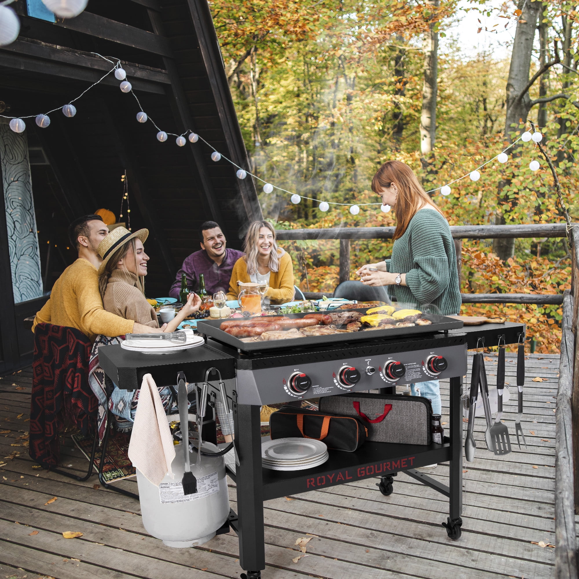 Royal Gourmet GB4005 34-Inch 4-Burner Gas Griddle,Griddle with Collapsible Side Shelves and Storage Basket,Perfect for Outdoor Cooking like Camping or Tailgating, Black