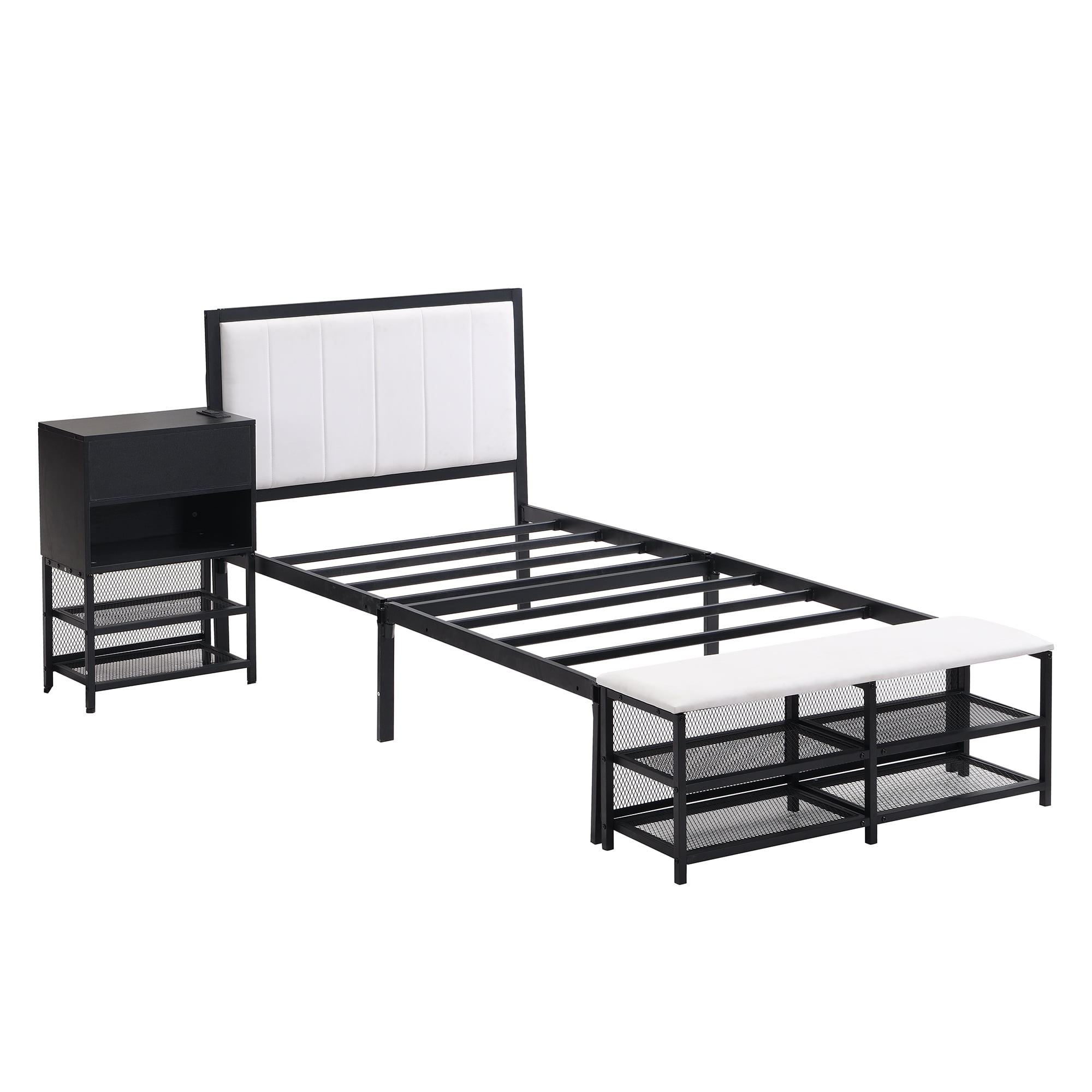 Euroco Metal Twin Size Platform Bed with Two-Tier Storage Shelves for Kids, Wood Cabinet, Black
