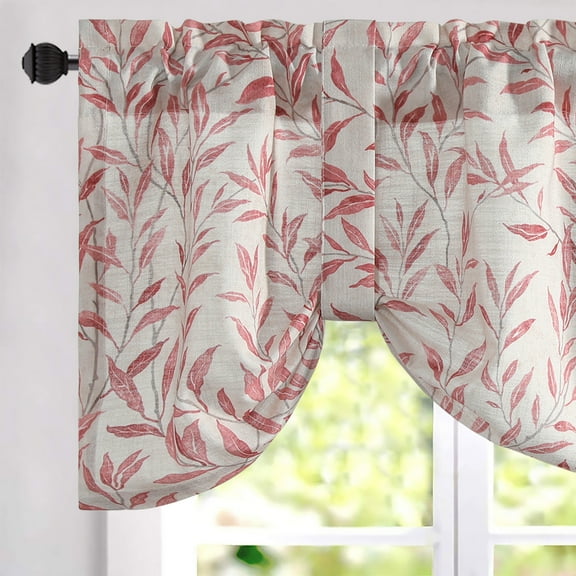 VOGOL Ti-Up Valance for Kitchen, Red Leaves Printed Adjustable Curtain Valance for Cafe Bathroom, Rod Pocket, 52''x18'', One Panel