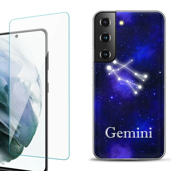 Slim-Fit Fashion Gel Phone Case for Samsung Galaxy S22  5G / S22 Plus 5G, with Tempered Glass Screen Protector, by OneToughShield ® - Zodiac / Gemini