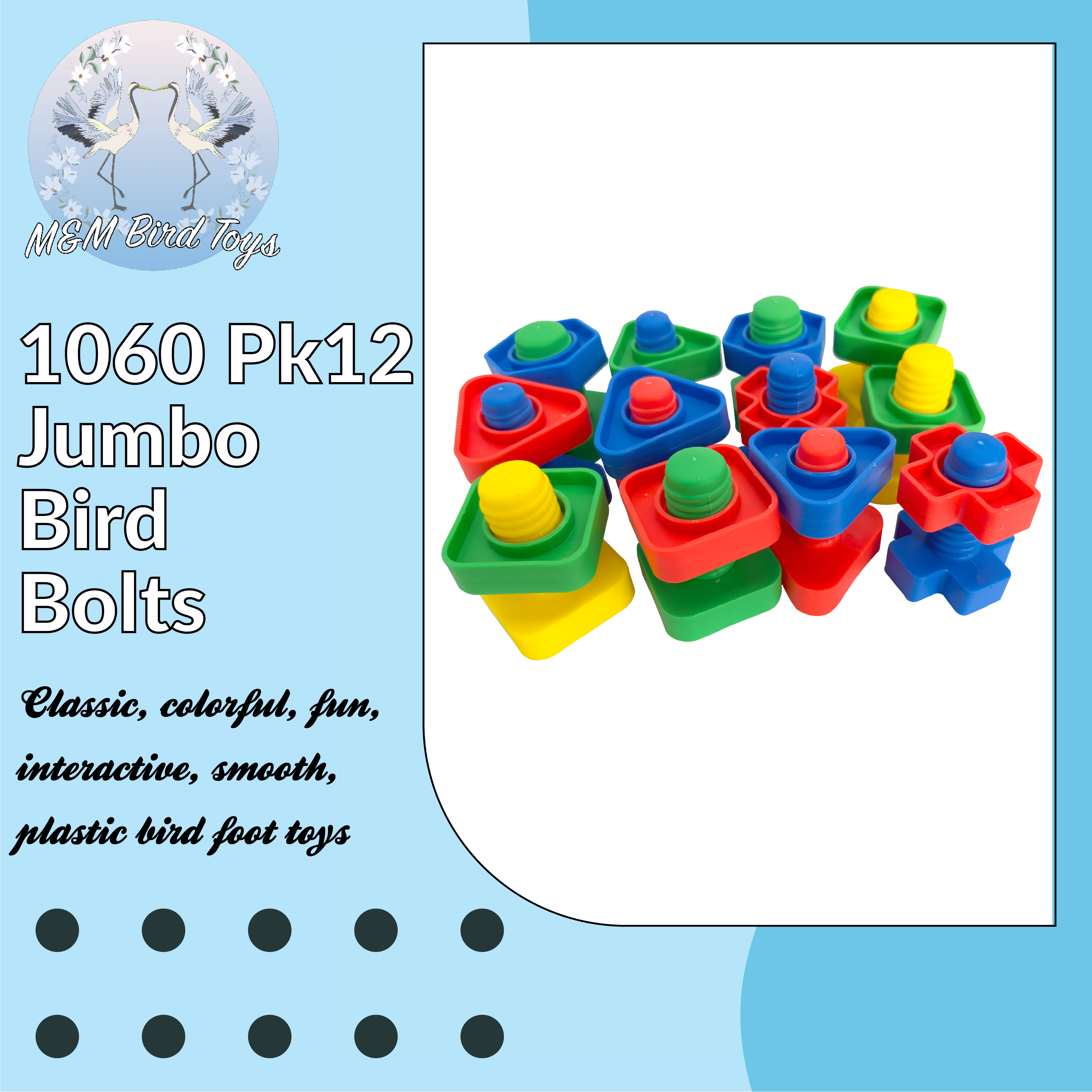 1060 Jumbo Bird Bolts Pk12 - Classic Interactive Colorful Large Size Bird Foot Toy