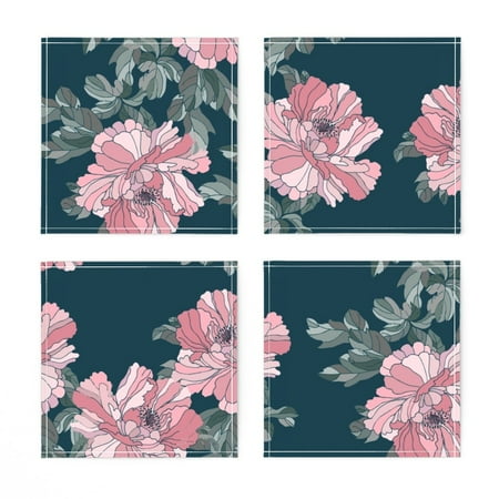 

Linen Cotton Canvas Cocktail Napkins (Set of 4) - Sweet Peony Emerald Peonies Floral Modern Country Deep Green Pink Botanical Dusty Print Cloth Cocktail Napkins by Spoonflower