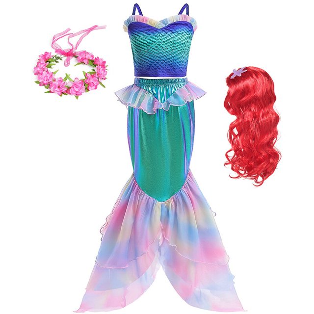 Disney-disfraz de la Sirenita Ariel para niñas, vestido de cola larga con volantes, Cosplay, ropa de fiesta de cumpleaños Fivean unisex