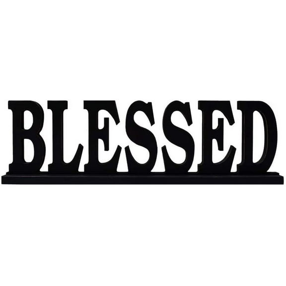 Attraction Design Rustic Wood Blessed Sign for Home Decor, Decorative Wooden Cutout Word Decor Freestanding Blessed Tabletop Decor, 16.5" X 5" Black Blessed Block Letters Sign Family Mantel Decor