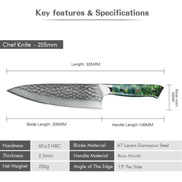  SANMUZUO Chef Knife - 8 inch - Xuan Series - VG10 Damascus  Steel Kitchen Knife - Resin Handle (Jade Green): Home & Kitchen