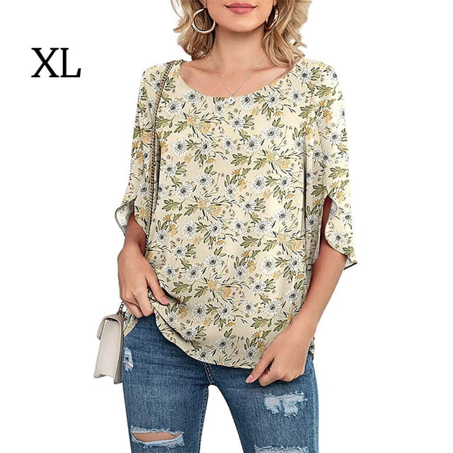 Haut à Manches Mi-Longues Imprimé pour Femme, Col Rond, Chemisier Décontracté pour Femme, Jaune Blanc, Fleur, TG