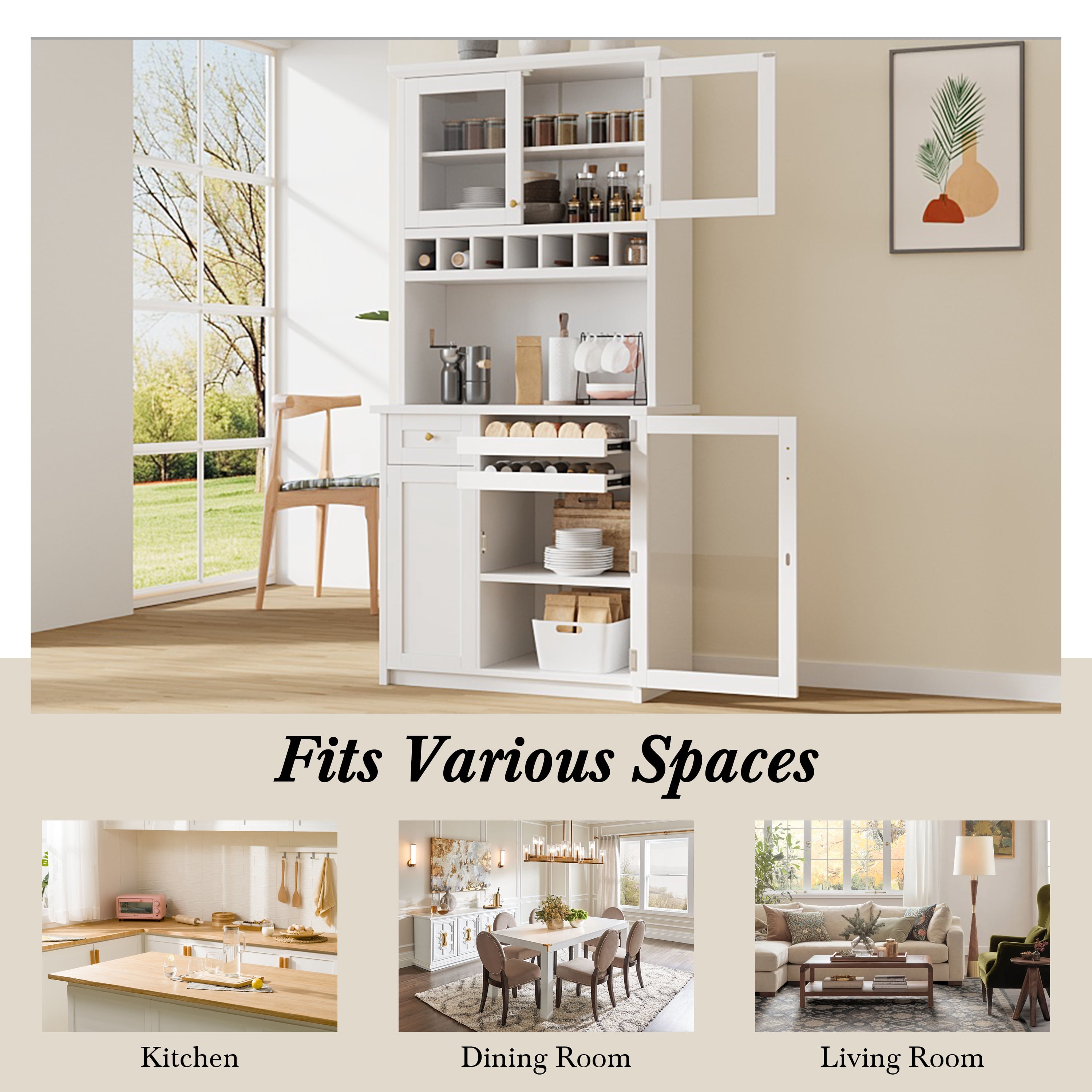 Euroco Farmhouse 35.4x17.7x74.8inch Freestanding Buffet with Hutch, Tall Kitchen Pantry Storage Cabinet with Wine Rack and Adjustable Shelves for Dining Room, White