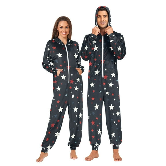 FORMRS Onesies Pajama for Adults Unisex Hoodie Winter Jumpsuit One Piece Sleepwear, Sizes S-2XL, Blue Stars Pattern