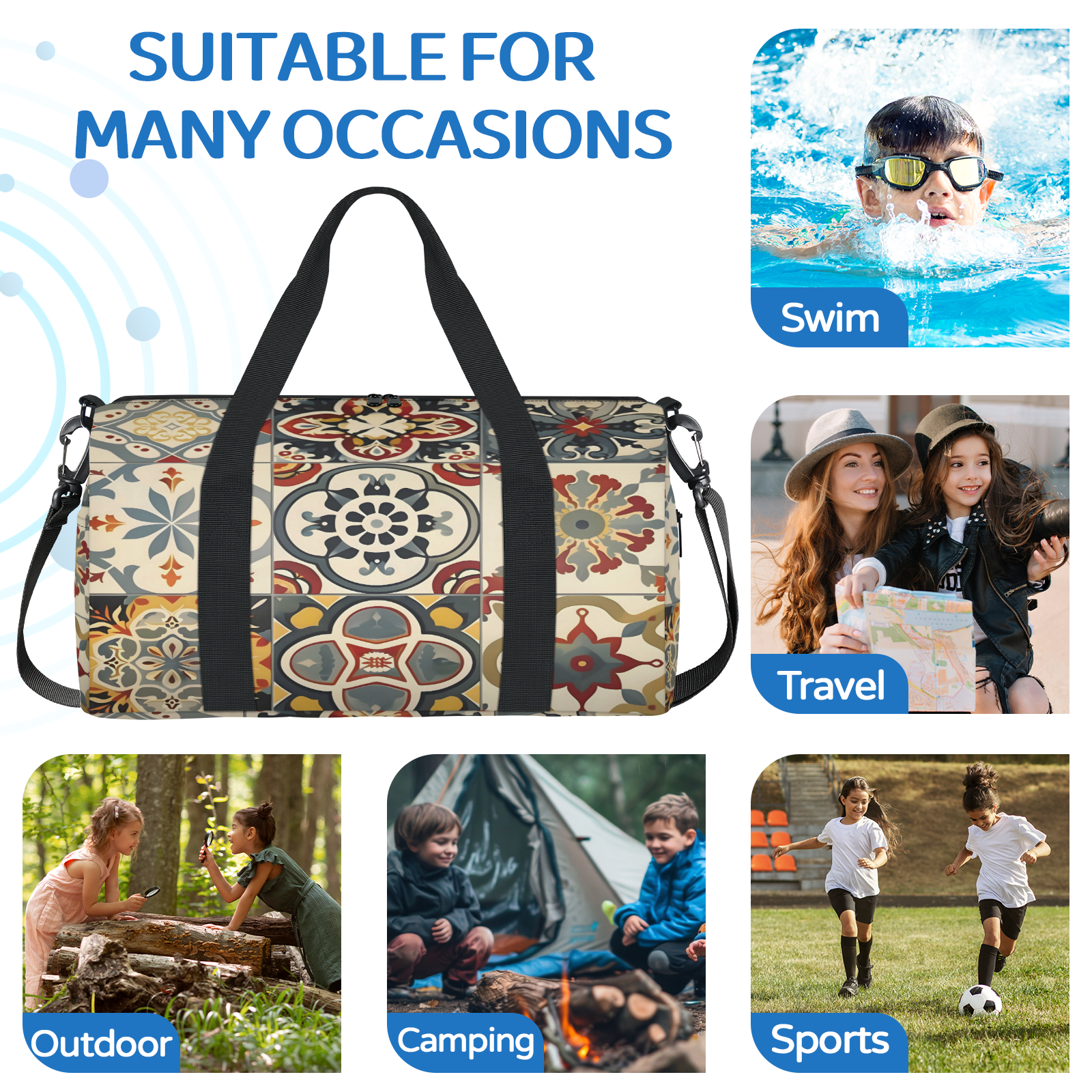 Herdesigns Mexican Tile Boho Mexico Gym Bag for Women, Duffle Bag for Travel Sport, Lightweight Waterproof Carry on Weekender Overnight Dance Yoga Workout Bags