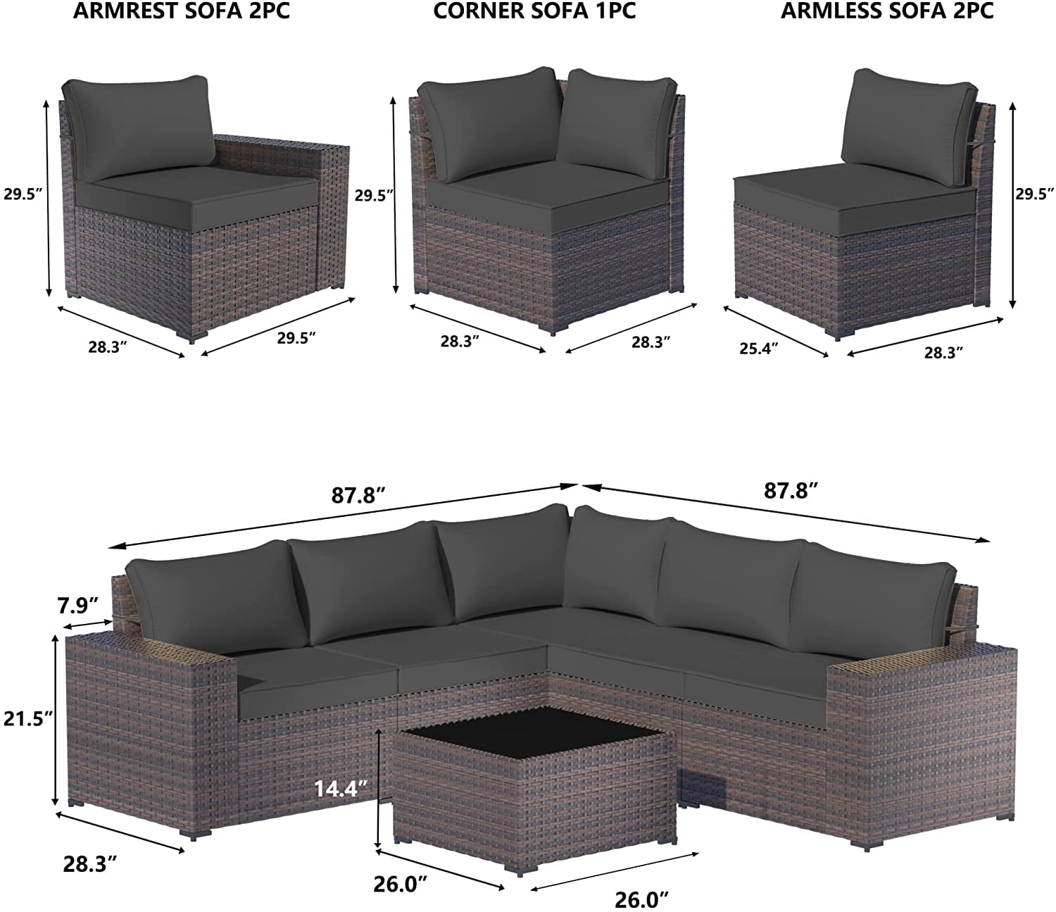 Kullavik 6 Pieces Patio Furniture Sets All Weather Outdoor Sectional Sofa Manual Weaving Wicker Rattan Patio Conversation Set with Cushion and Glass Table (Gray)
