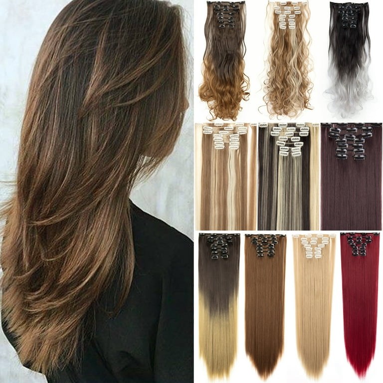 SHCKE Clip in Hair Extensions 24 Inch Hairpieces 8 Pieces Set Clip On Hair  Extension Curly Double Weft Hair Extensions Synthetic Hairpiece for Women