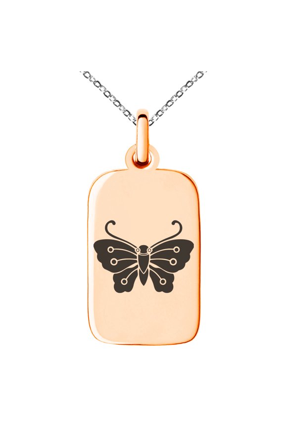 Stainless Steel Kawari Kocho Butterfly Kamon Crest Engraved Small Rectangle Dog Tag Charm Pendant Necklace