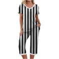 thumbnail image 1 of Qucoqpe - Conjuntos de pijama cómodos para mujer, con cuello en V y manga corta, pantalones anchos con estampado de rayas, estilo capri holgado, 1 of 5