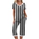 thumbnail image 1 of Qucoqpe - Conjuntos de pijama cómodos para mujer, con cuello en V y manga corta, pantalones anchos con estampado de rayas, estilo capri holgado, 1 of 5