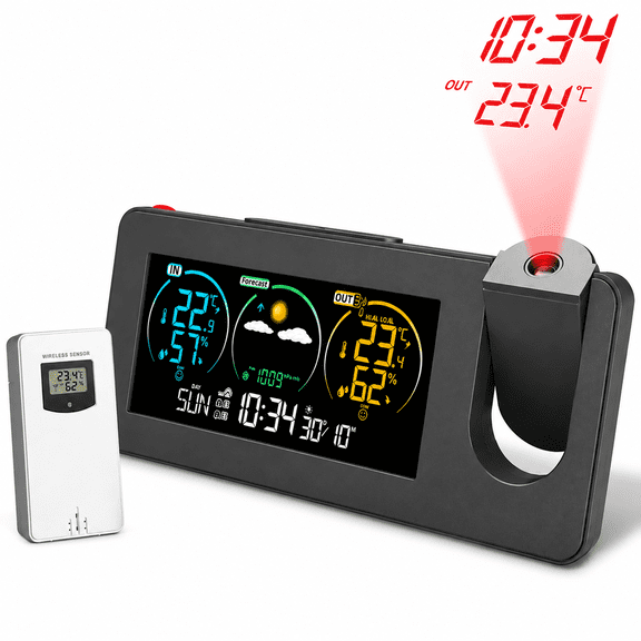 INSMART Projection Alarm Clock with Weather Forecast & Snooze,Dual Alarms, 180° Adjustable Projector, Wireless Sensors, Humidity & Temp Display, USB Charger, Battery Backup – Ideal for Bedrooms