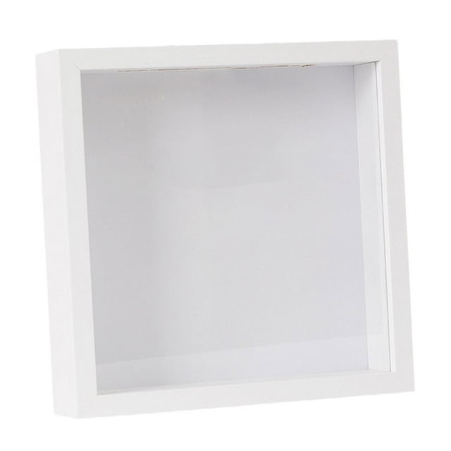 Vitrina con marco de madera y ranura para fotos. 15 x 15 cm