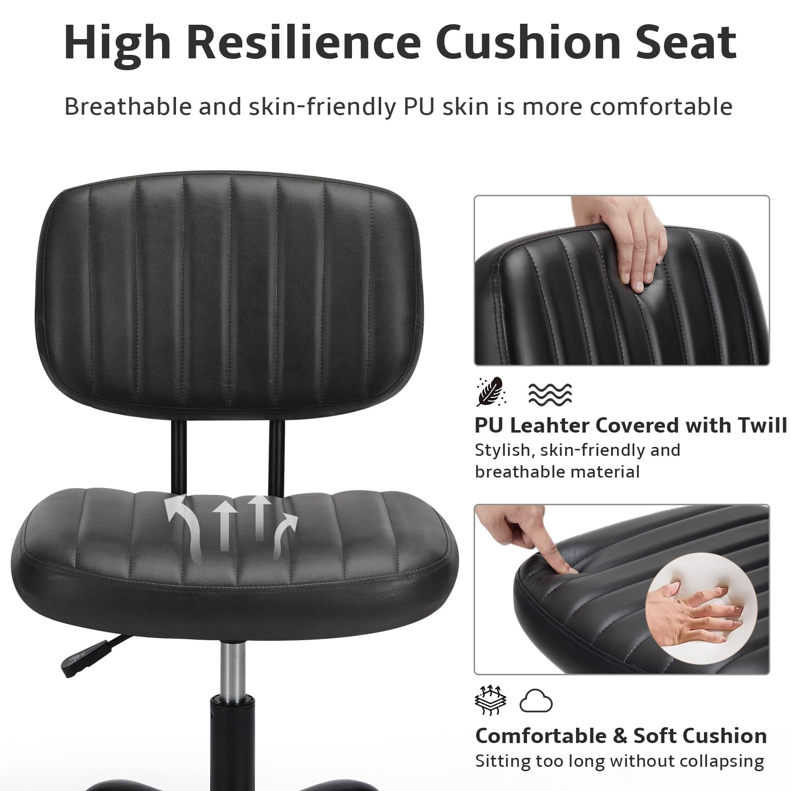 edx Adjustable Height Armless Office Desk Chair with Wheels, PU Leather Mid Back 360°Swivel Small Computer Chair, Modern Task Chair for Home Office Reading Meeting Room, Black