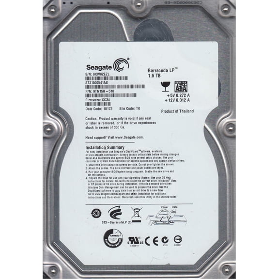 ST31500541AS, 9XW, TK, PN 9TN15R-510, FW CC34, Seagate 1.5TB SATA 3.5 Hard Drive