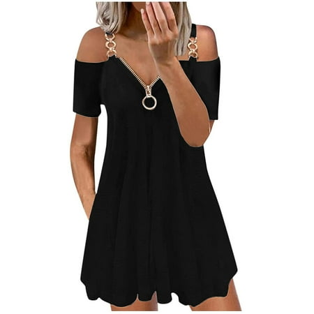 

TANGON Women Casual Zipper Printing V-Neck Strapless Sexy Sling Short Dress
