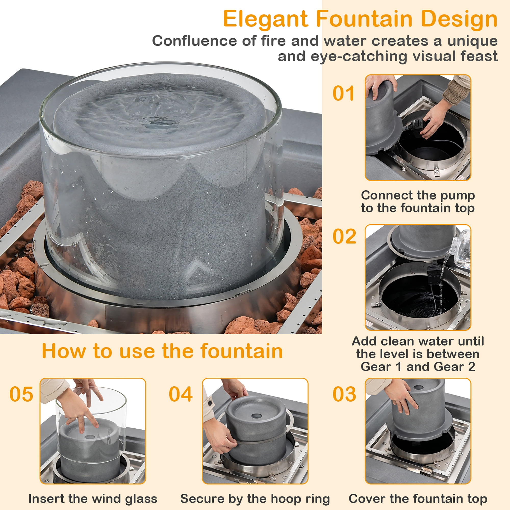 Costway 28'' Patio Fountain Fire Pit Table 50,000 BTU Square Propane Fire Pit withPVC Cover