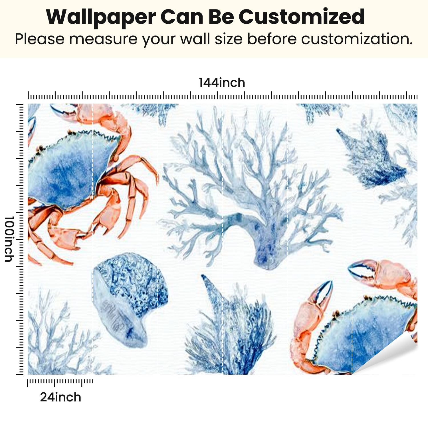 Peel and Stick Wallpaper sea blue crabs corals watercolor hand nautical style Modern Art Wall Mural Decor Self Adhesive and Removable 100in x 144in