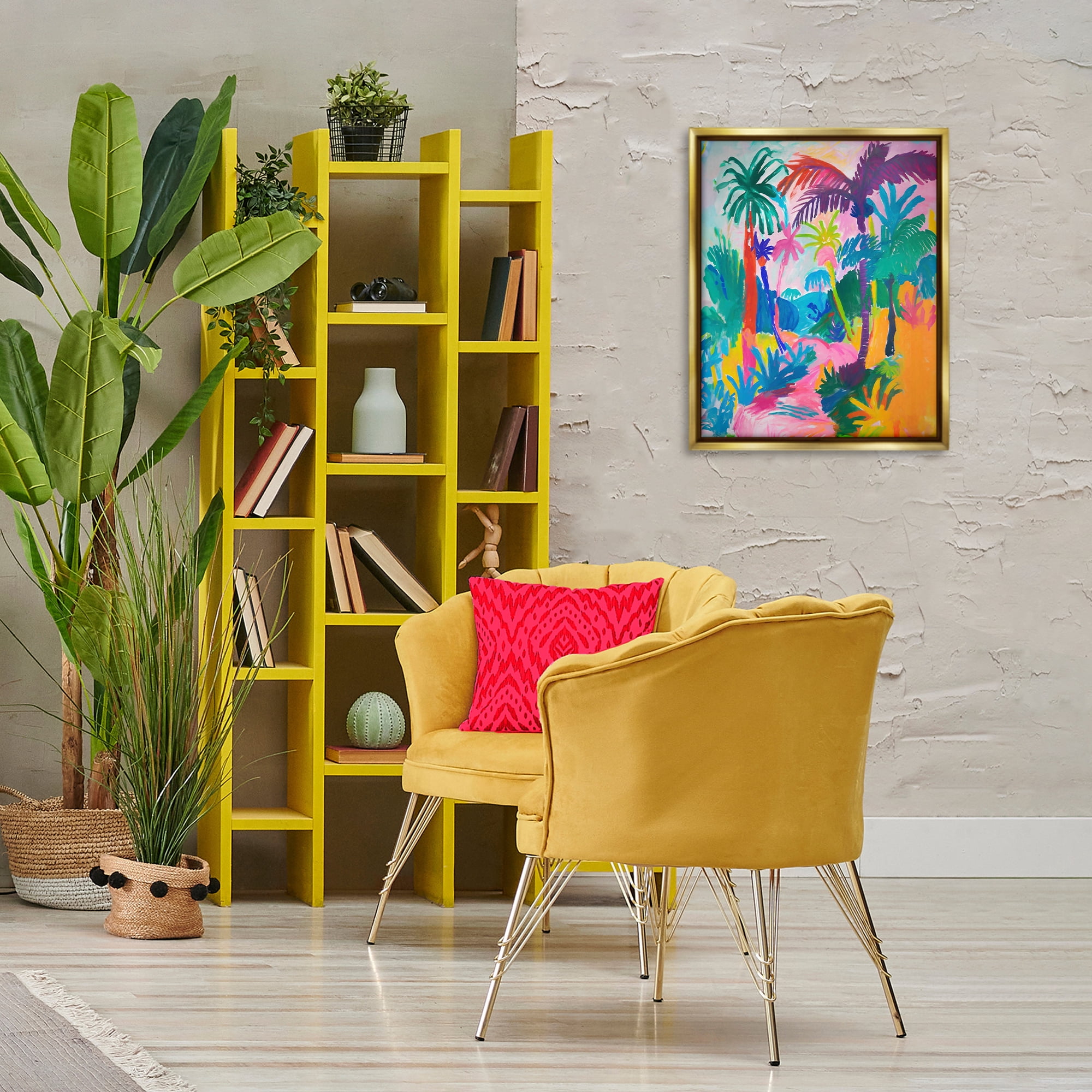 Stupell Industries Bold Palm Paradise Coastal Painting Gold Floater Framed Canvas Art Print Wall Art, 17 x 21