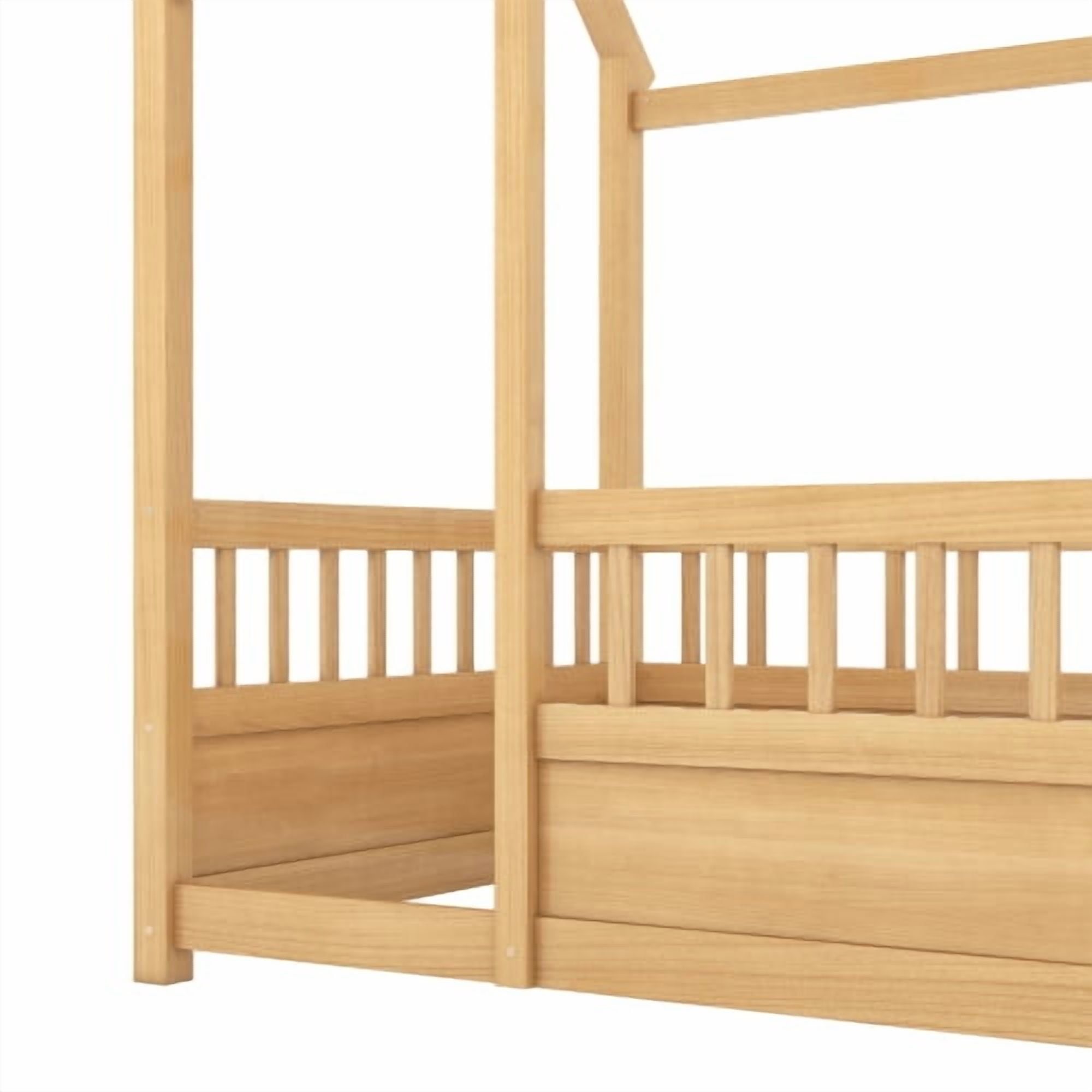 Bellemave Twin Size House Floor Bed, Wooden Twin House Bed with High Fence, Safe Playhouse Montessori Floor Bed with Fence, Natural
