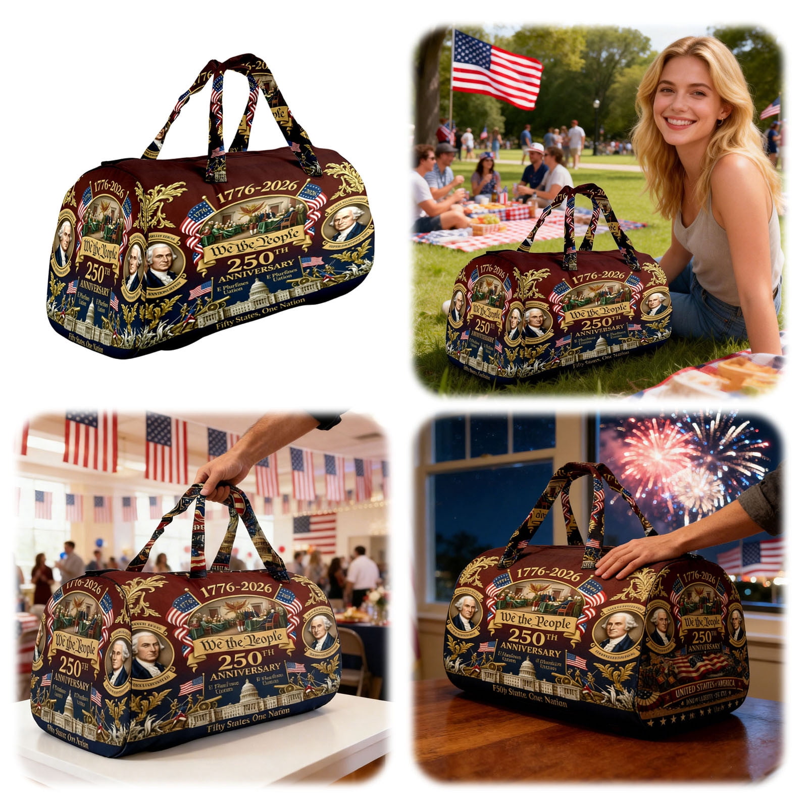 8"x8"x16" America 250th Anniversary “We The People” Heritage Handmade Hippie Van Quilted Duffle Bag, Declaration Of Independence Printed Hippie Van Quilted Duffle Bag, Original Boho Travel Bag