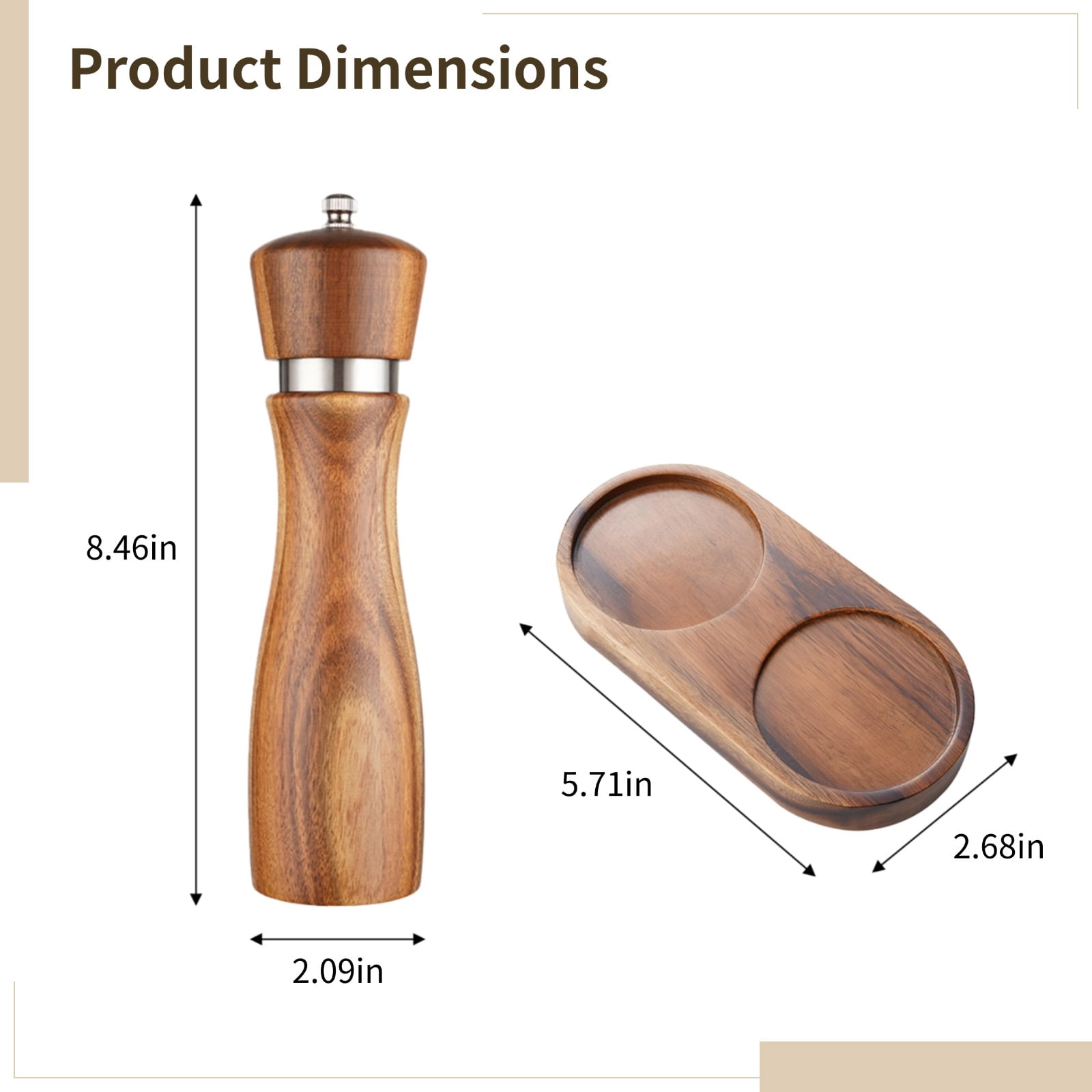 8-Inch Acacia Wood Pepper Mill with Steel Ring, Salt and Pepper Grinder Set with Spoon and Base, Elegant Gift for Bakers and Home Chefs