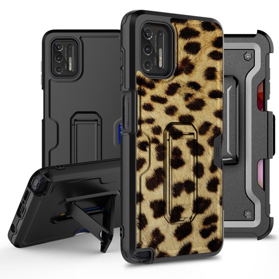 ANJ  Rugged Hybrid Shockproof Case w/Kickstand   Holster Clip Card Slot Cover for Motorola Moto G Stylus (2021 Release) - Yellow Cheetah