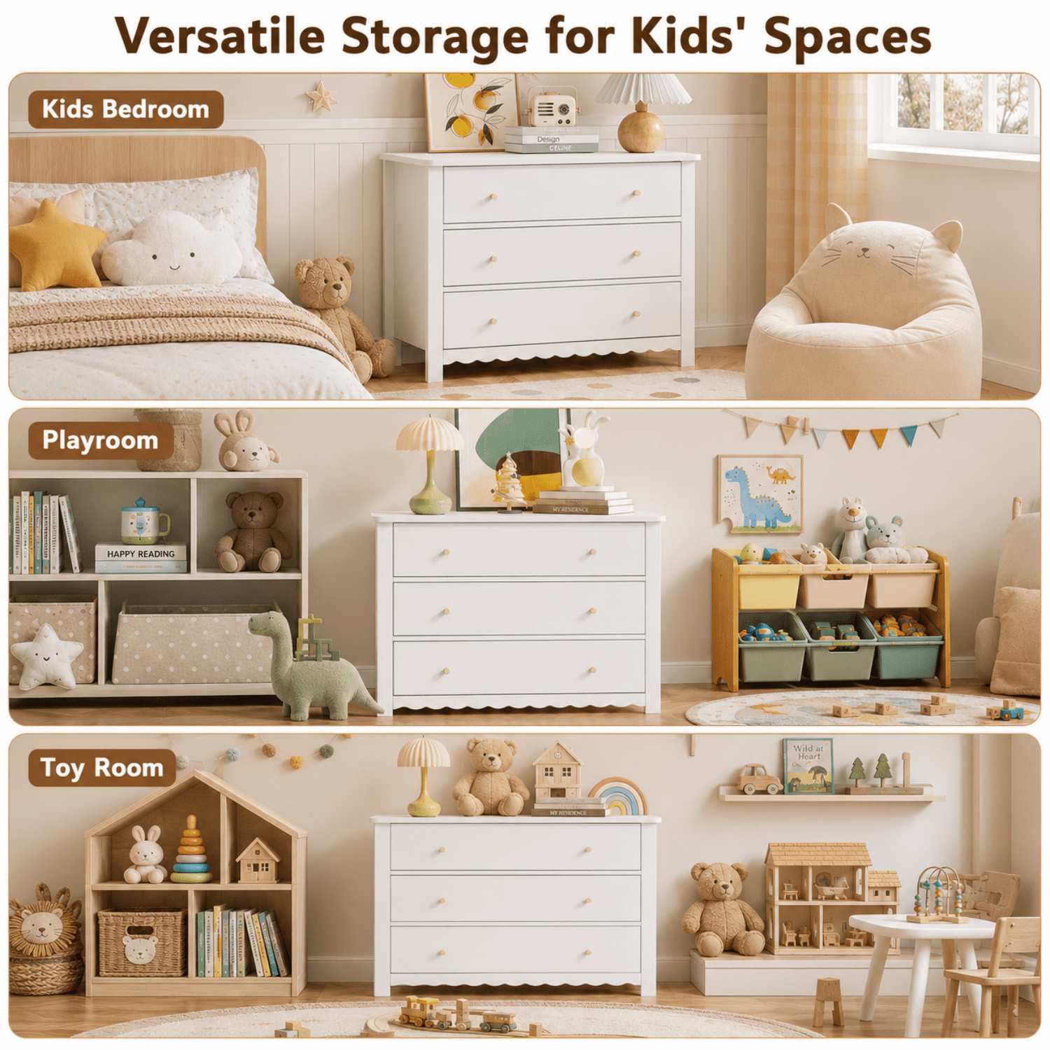Miniyam Kids 3 Drawer Dresser, White MDF Storage Chest with Gold Knobs for Kids Bedroom, Playroom and Toy Room