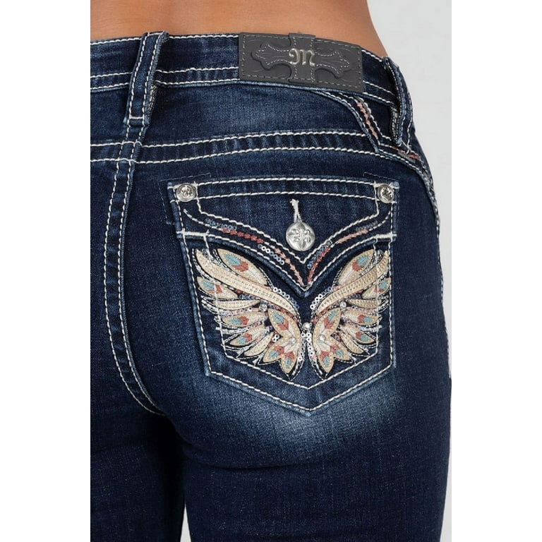 Miss Me Womens Embroidered Stars Flap Pocket Low Rise Bootcut Stretch Jean