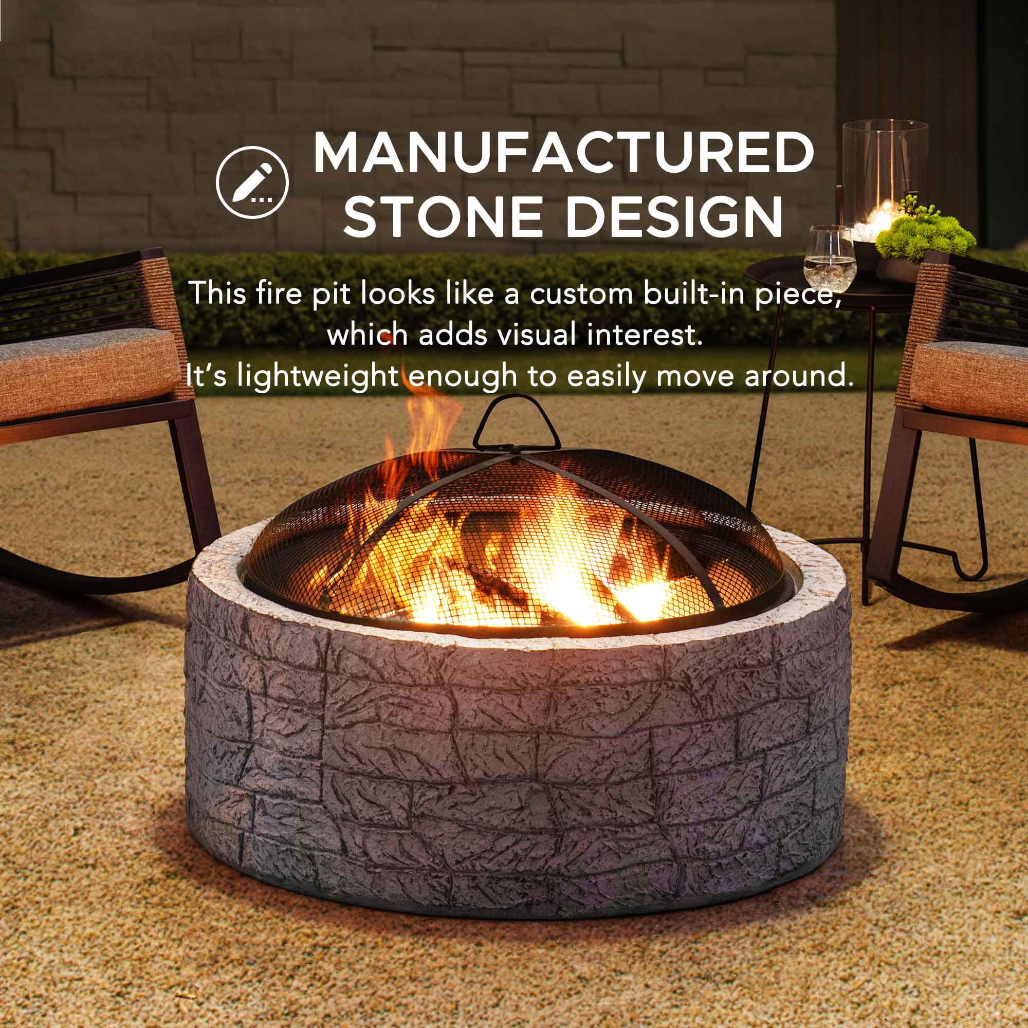 SUNJOY 26 Inch Stone Fire Pit, Patio Outdoor Round Wood Burning Fire Pits for Outside with Spark Screen and Poker, Misty Blue Stone