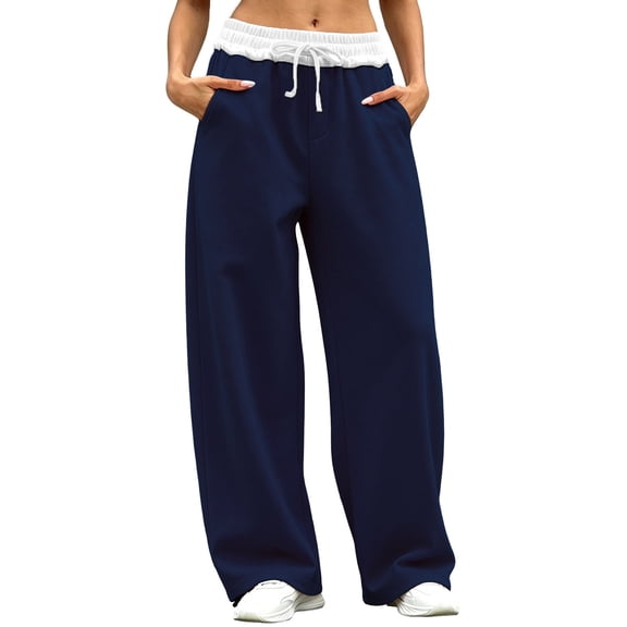 Edvintorg Womens Joggers Elastic Waisted Loose Wide Leg Sweatpant Casual Drawstring Athletic Pant with Pocket Womans Clothes Navy S-2XL