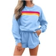 thumbnail image 3 of YOIAVAIOY Womens Sweat Suits 2 Piece Rainbow Print Tracksuits Raglan Sweatshirt and High Waisted Shorts Casual Athletic Set Tennis Baseball Matching Outfit with Pockets Light Blue L, 3 of 7