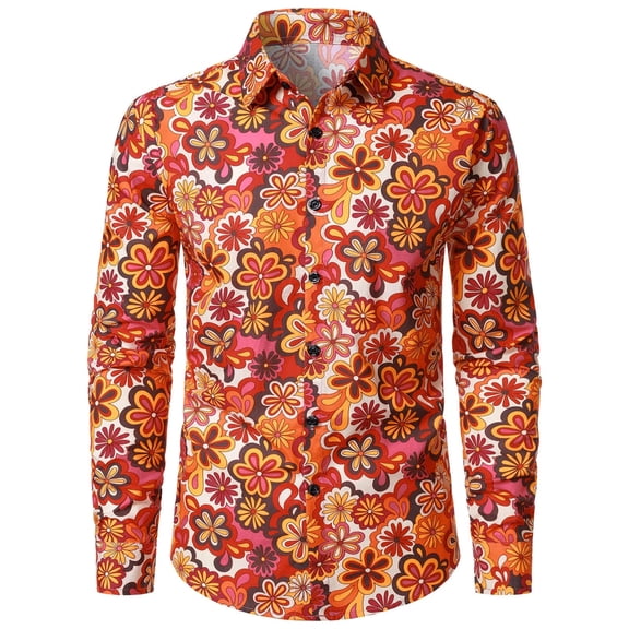 CONZONE Mens 70S Disco Buttons Down Shirts Long Sleeve Hippie Shirts for Men Trendy Floral Graphic Lapel Soft Lightweight Tops