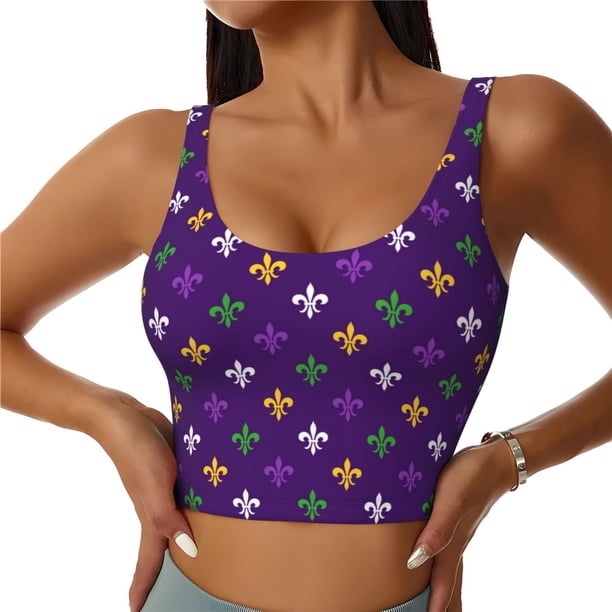 Balery Purple Mardi Gras Sujetadores deportivos con espalda cruzada para mujer, acolchados, sin costuras, de alto impacto, ideales para yoga, gimnasio, entrenamiento y fitness.-Large