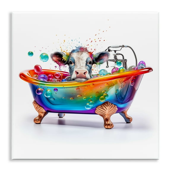 Stupell Industries Cow in Rainbow Bath Typography Painting Unframed Art Print Wall Art, 12 x 12