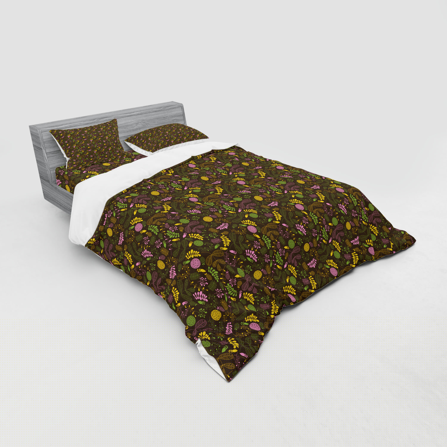 thumbnail image 3 of Flower Duvet Cover Set, Doodle Blooming Foliage and Petals Flourishing Nature Pattern on Dark Background, Bedding Set with Shams and Fitted Sheet, 3 Sizes, by Ambesonne, 3 of 3