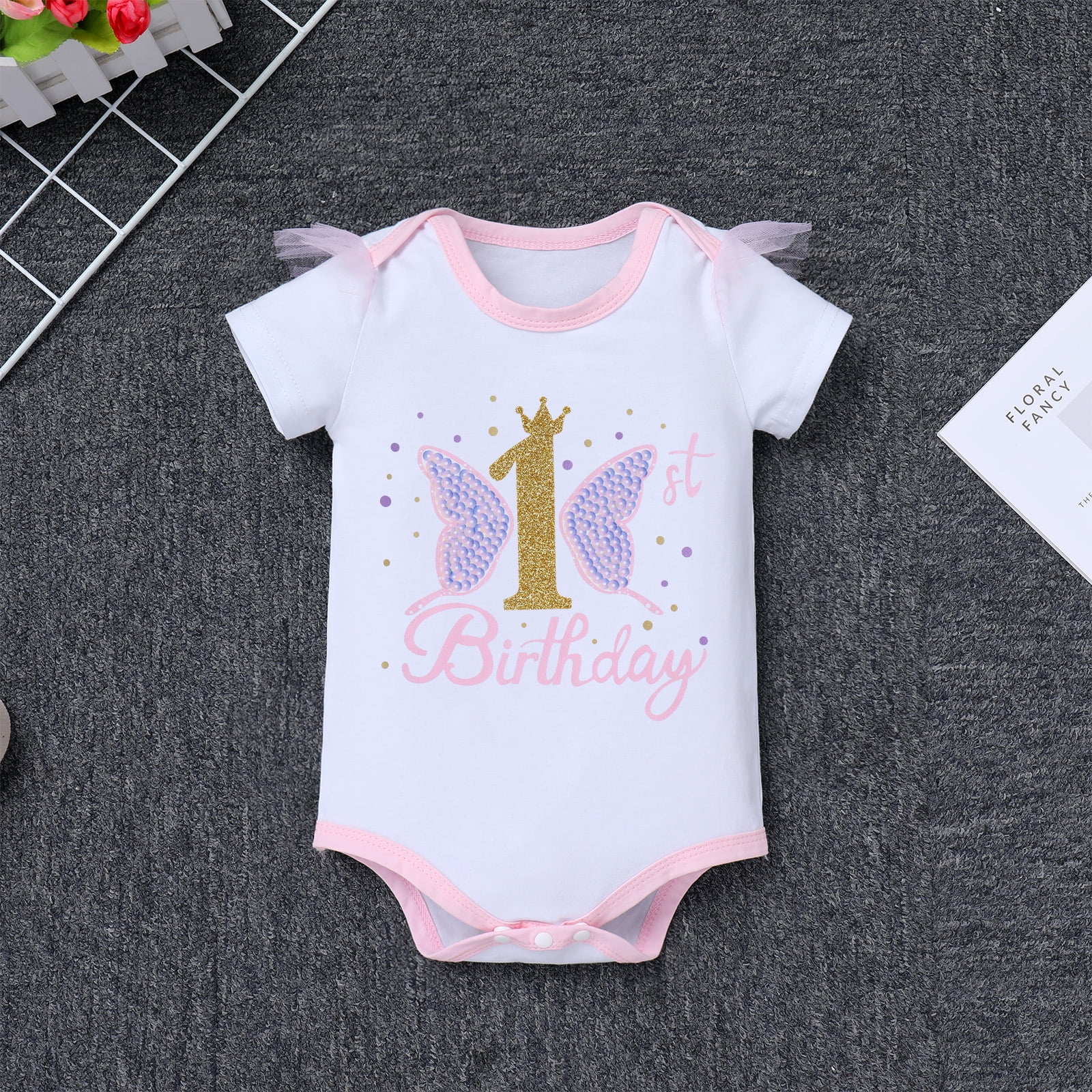 IBTOM CASTLE Baby Girl 1st Birthday Outfit Sequin Butterfly Romper Tutu Skirt Headband Clothes for Cake Smash Photo Shoot 1 Year Pink Butterfly