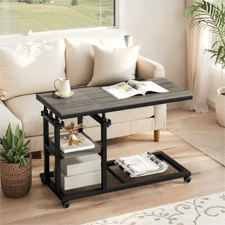 Fnova Mobile Side Table with Wheels, Snack Tray, Height-Adjustable C-Shape Desk, Tiltable Drawing Board, Laptop Stand, Storage Shelves for Living Room, Bedside Table for Couch