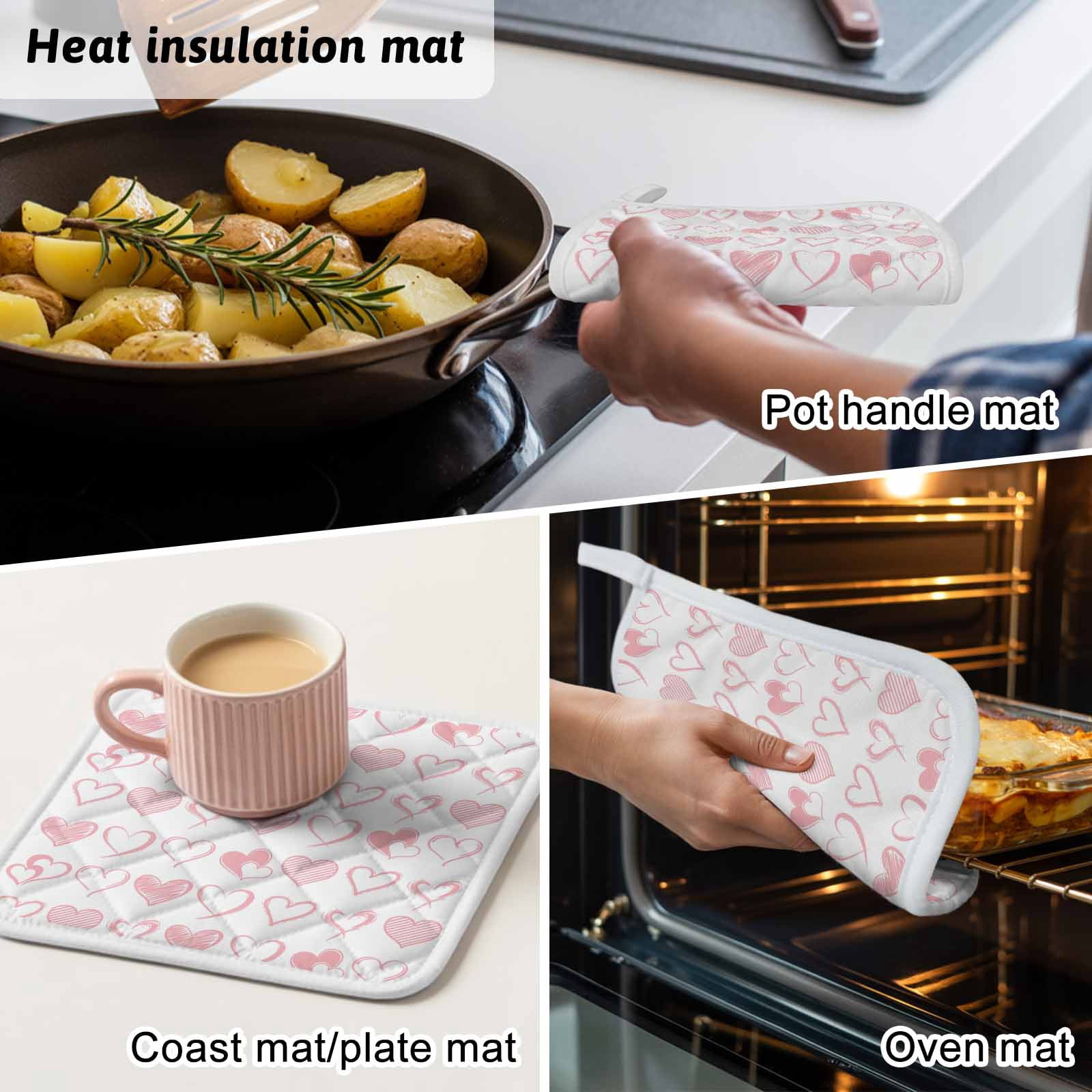 Valentine's Day Pot Holders for Kitchen Heatproof Potholder, 3 Pack Valentines Pink Love Heart Romantic Hot Pads Multipurpose Oven Pads Cloth Potholders Trivet for Cooking Baking