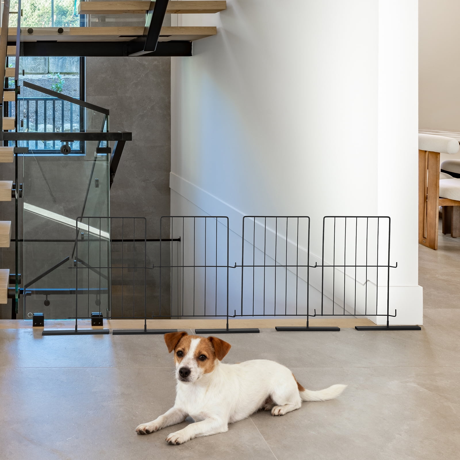 Black Pet Gate for Stairs - 4-Panel Freestanding Dog Fence, Expandable Cat Barrier with Anti-Escape Design, Drill-Free Installation for Home