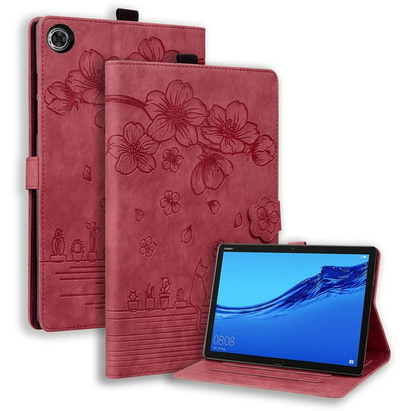 ELEHOLD for Lenovo Tab M10 3rd Gen 10.1" (2022) Leather Case,Embossed Flower Pattern Folio Flip Case Card Slots Kickstand Magnetic Clasp Shockproof Protective Case for Lenovo Tab M10 Gen 3,Winered