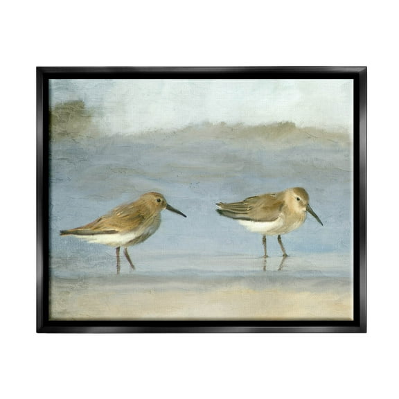 Stupell Industries Two Sandpipers Stepping Beach Shore Painting Jet Black Floating Framed Canvas Print Wall Art, Design by Kim Allen