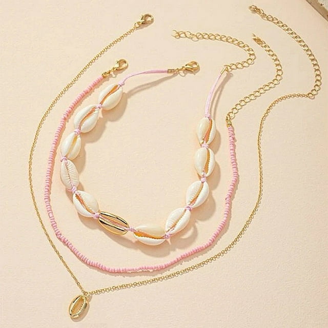 Cadena de clavícula, accesorios multicapa, collar con colgante de concha de arroz de estilo bohemio para mujer, uno rosa Sincero Electrónica